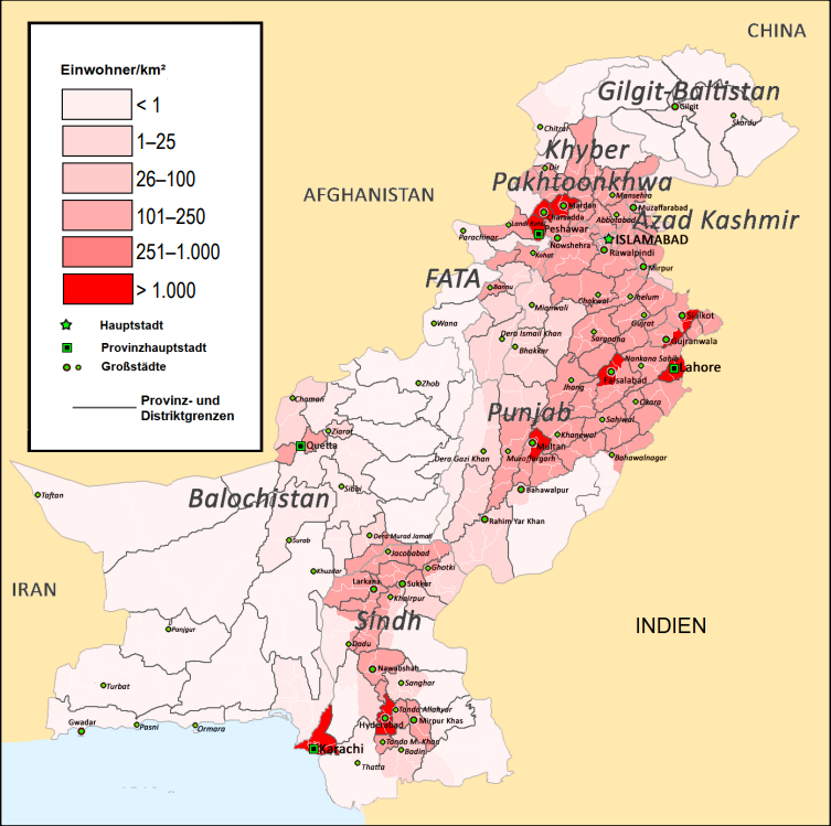 Karte von Pakistan mit farbiger Bevölkerungsdichte, Provinz- und Distriktgrenzen, Hauptstädten und Legende